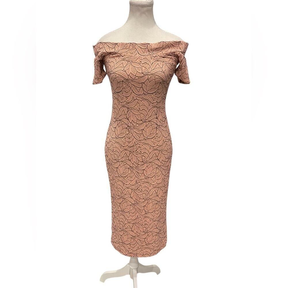 DRESS THE POPULATION Blush Pink Floral Lace Off Shoulder Midi Sheath Dress L
